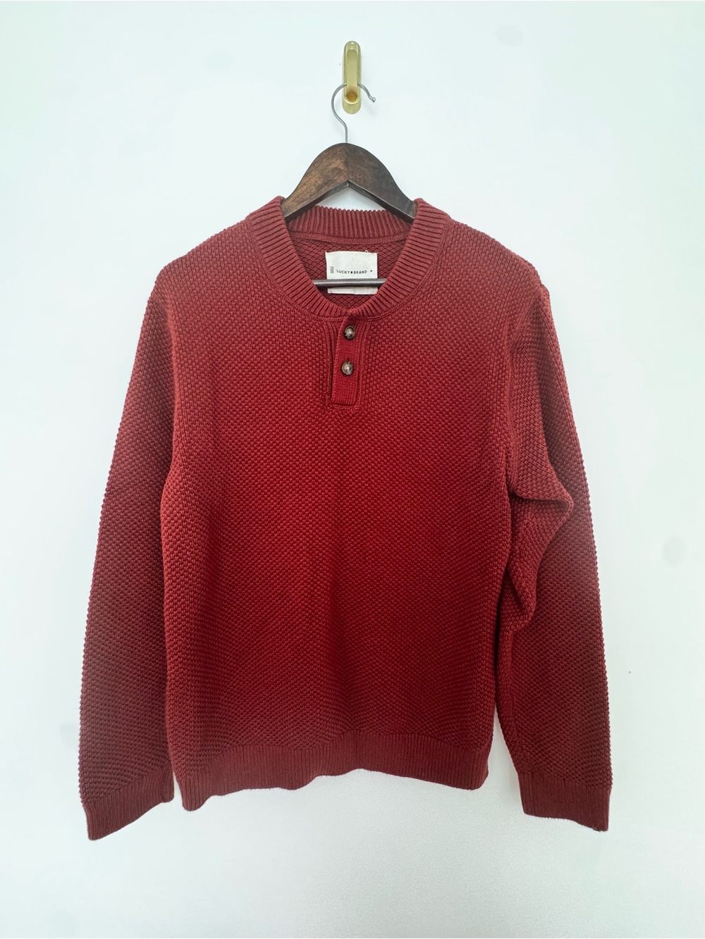 Lucky Brand Men’s Cotton Cashmere Henley Sweater Rust Red Size Medium